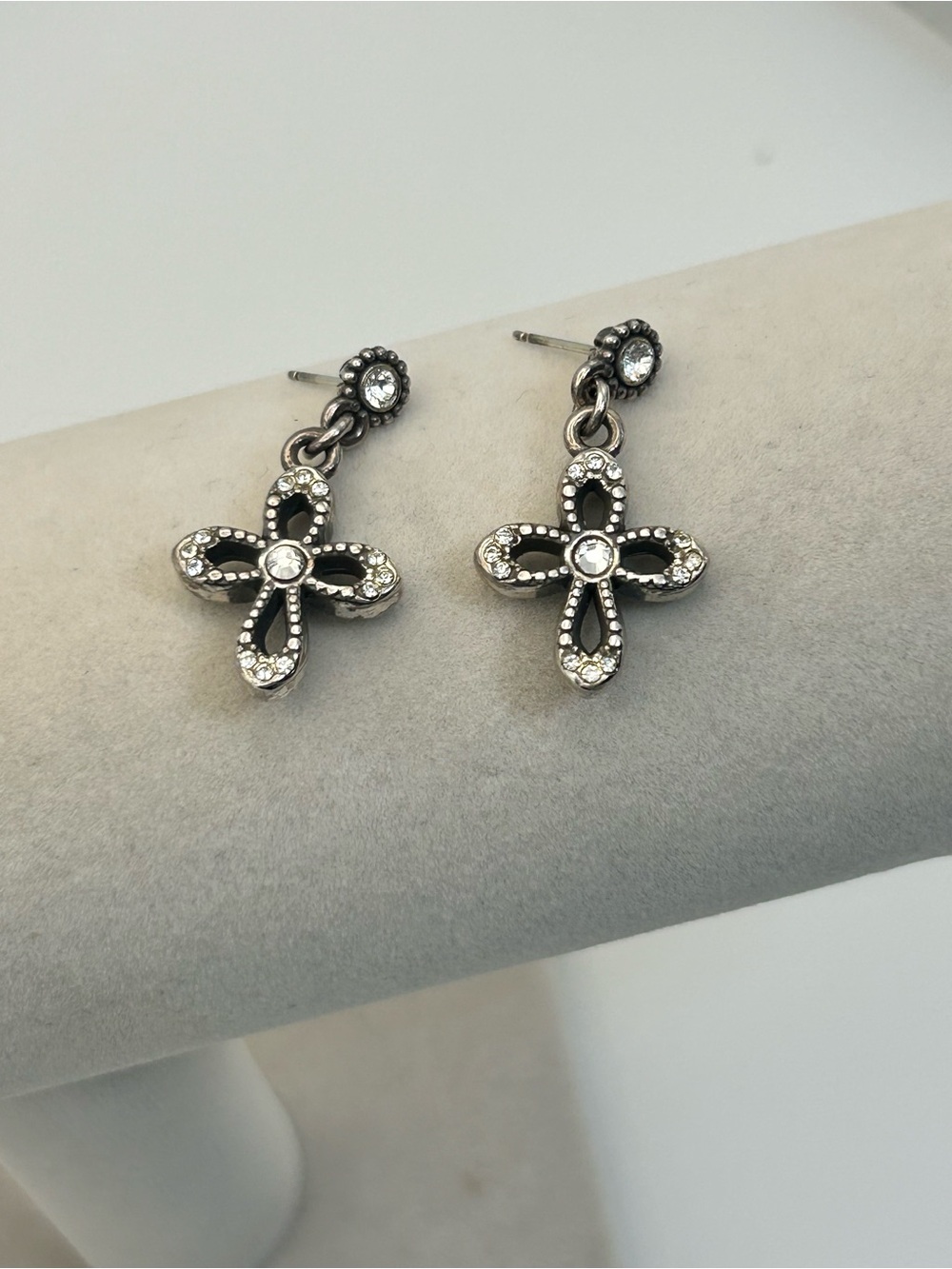 Brighton Crystal Cross Earrings Silver Plated Dangle Drop Studs No Backs